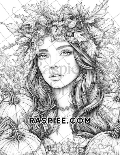 Autumn Beauties Portrait Adult Coloring Pages Printable PDF Instant Download