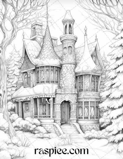 42 Fantasy Christmas Houses Grayscale Coloring Pages Printable for Adults, PDF File Instant Download