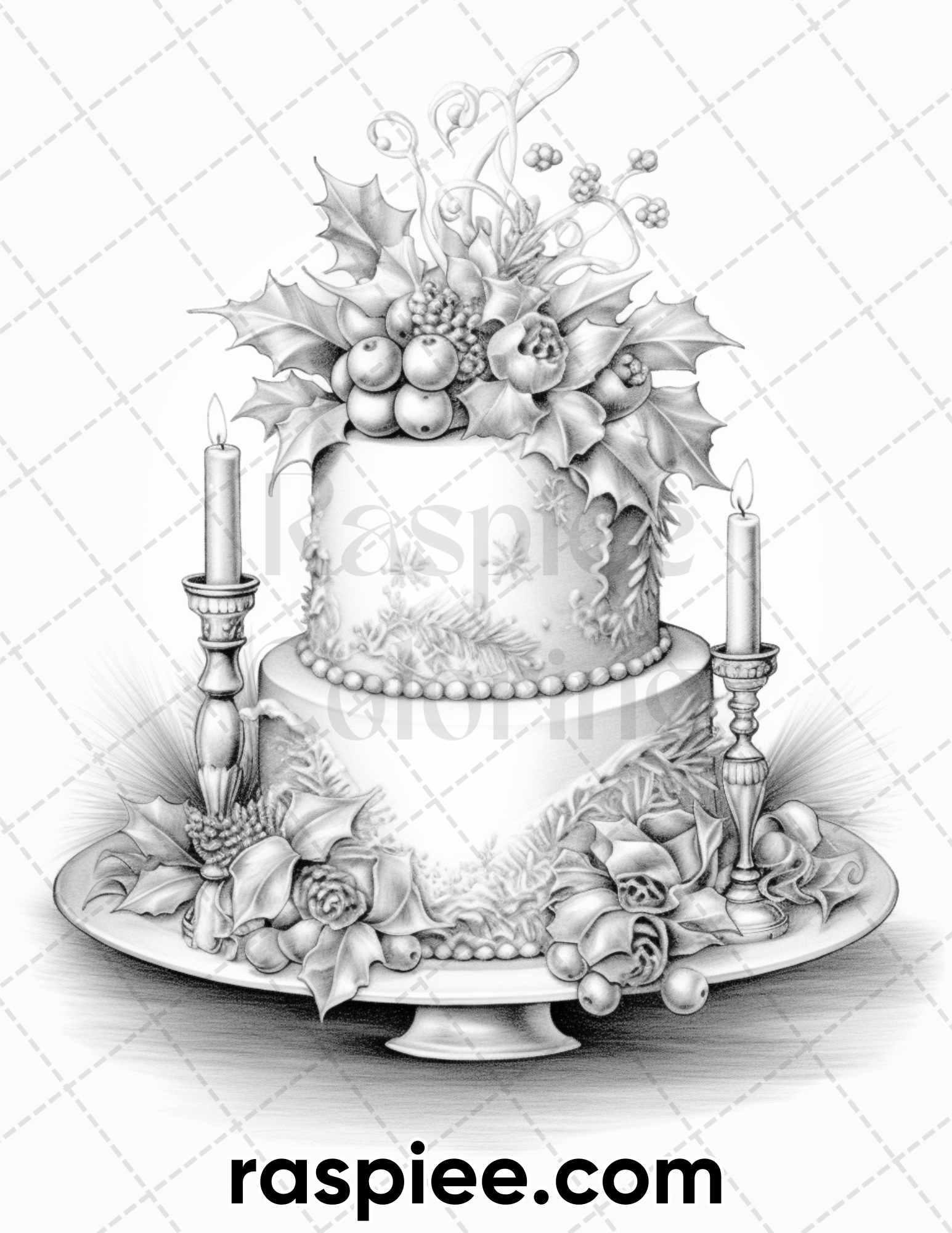 45 Christmas Cakes Grayscale Coloring Pages for Adults, Printable PDF File Instant Download