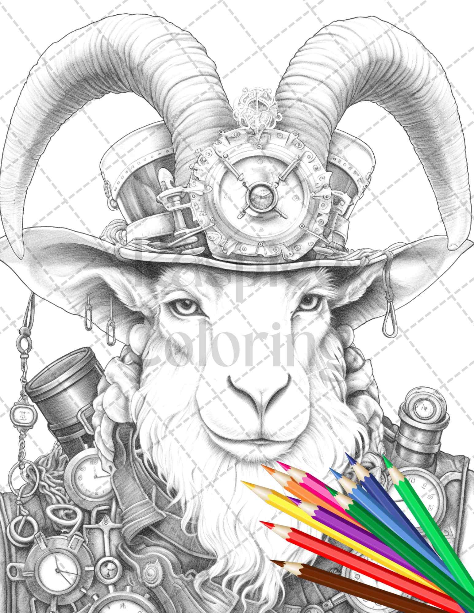 45 Steampunk Animals Grayscale Coloring Pages Printable for Adults Vol. 2, PDF File Instant Download