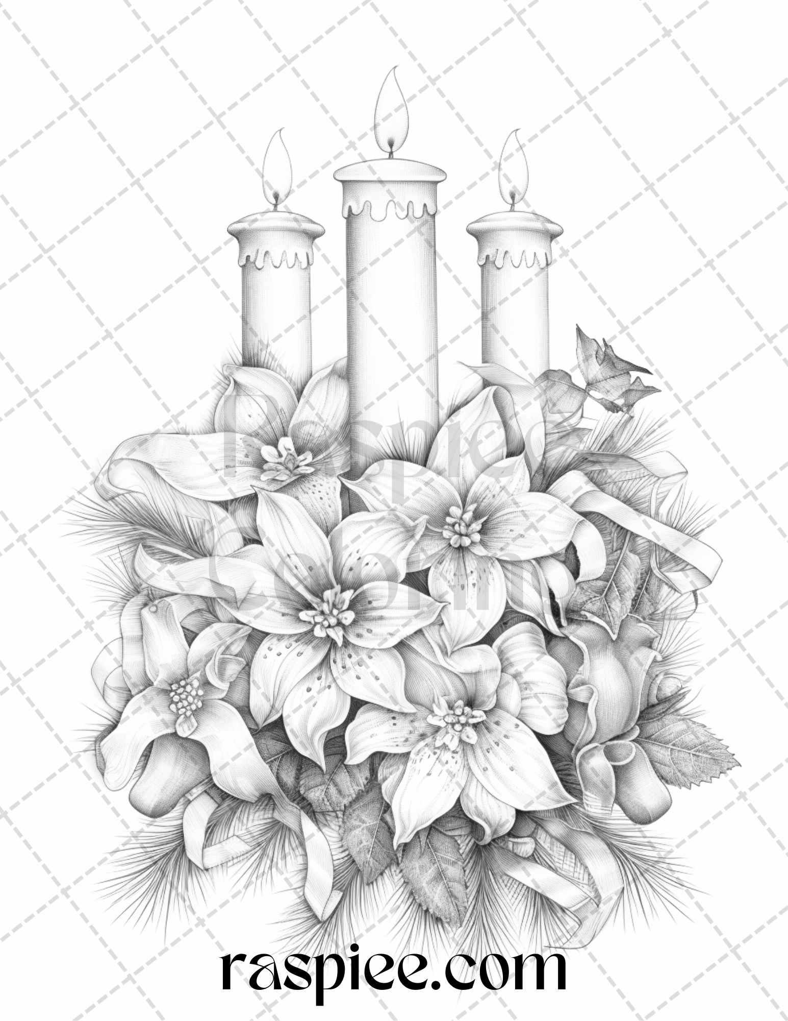 45 Christmas Flowers Grayscale Coloring Pages Printable for Adults, PDF File Instant Download