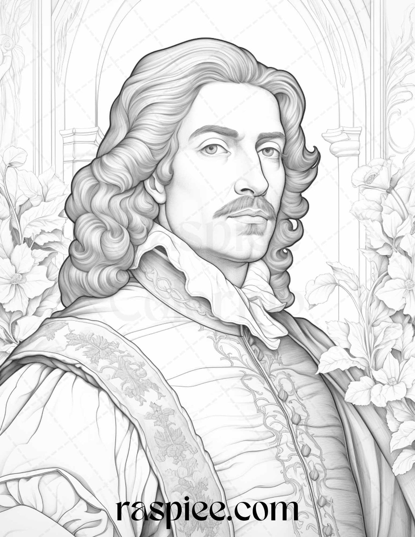 50 Baroque Man Portrait Grayscale Graysale Coloring Pages Printable for Adults, PDF File Instant Download