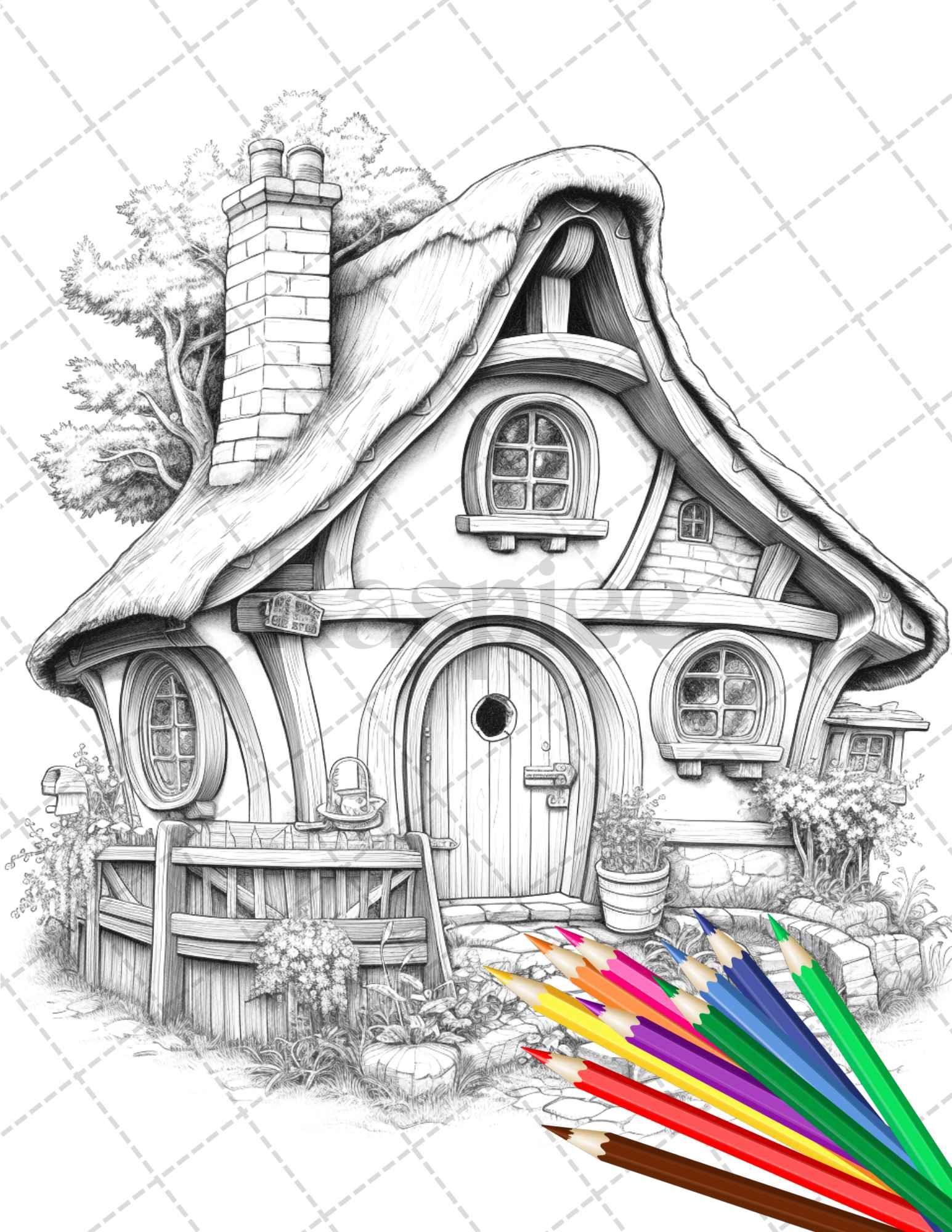 43 Enchanted Hobbiton Houses Grayscale Coloring Pages Printable for Adults, PDF File Instant Download