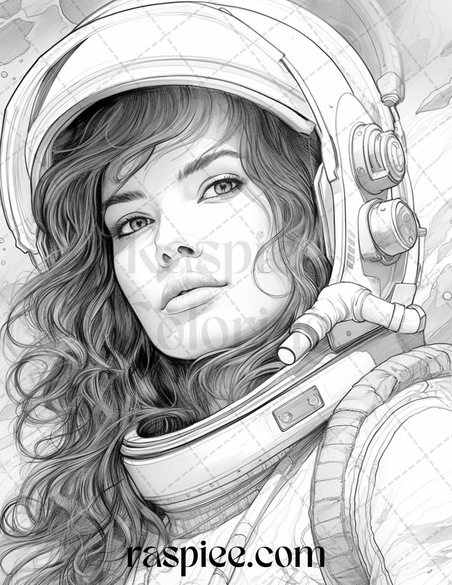 50 Astronaut Girl Portrait Grayscale Coloring Pages Printable for Adults, PDF File Instant Download