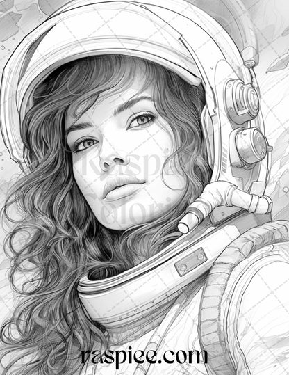 50 Astronaut Girl Portrait Grayscale Coloring Pages Printable for Adults, PDF File Instant Download