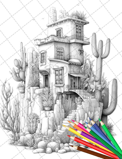 46 Fantasy Cactus Houses Grayscale Coloring Pages Printable for Adults, PDF File Instant Download