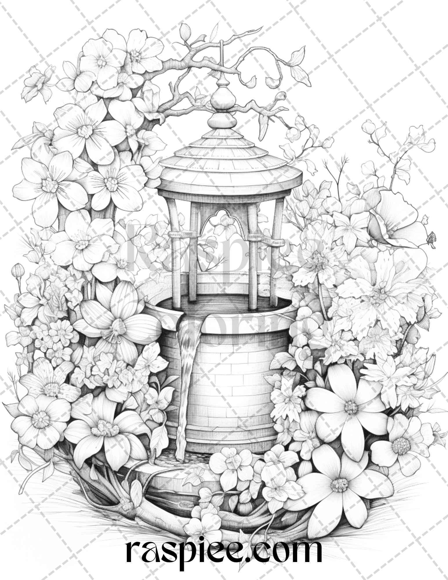 40 Whimsical Wishing Wells Grayscale Coloring Pages Printable for Adults, PDF File Instant Download