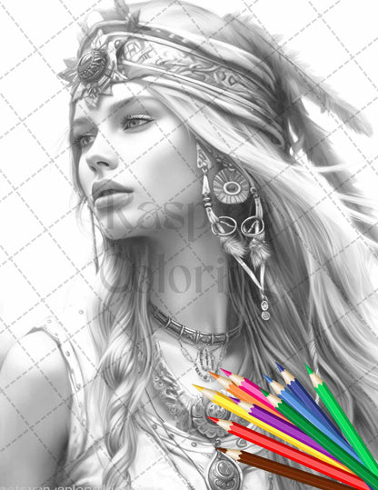 43 Beautiful Hippie Girls Grayscale Coloring Pages Printable for Adults, PDF File Instant Download