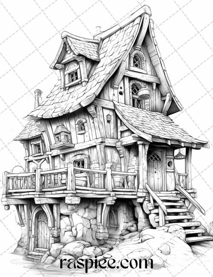 40 Viking Houses Grayscale Coloring Pages Printable for Adults, PDF File Instant Download