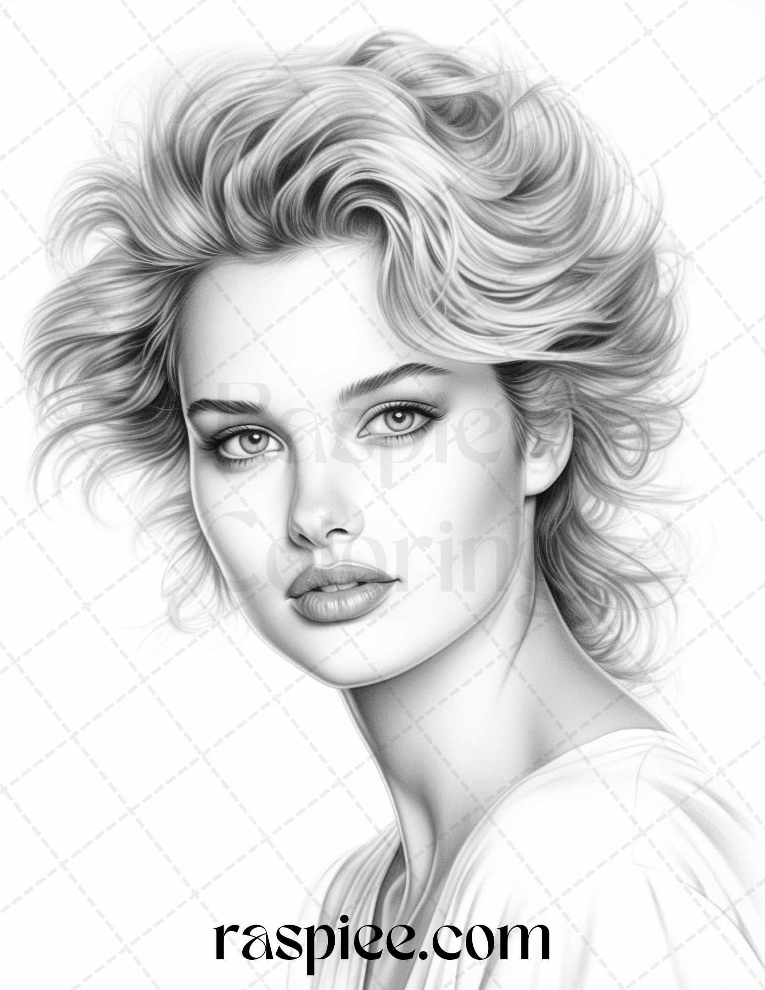 1980s Retro Beautiful Women Grayscale Coloring Pages for Adults, PDF File Instant Download