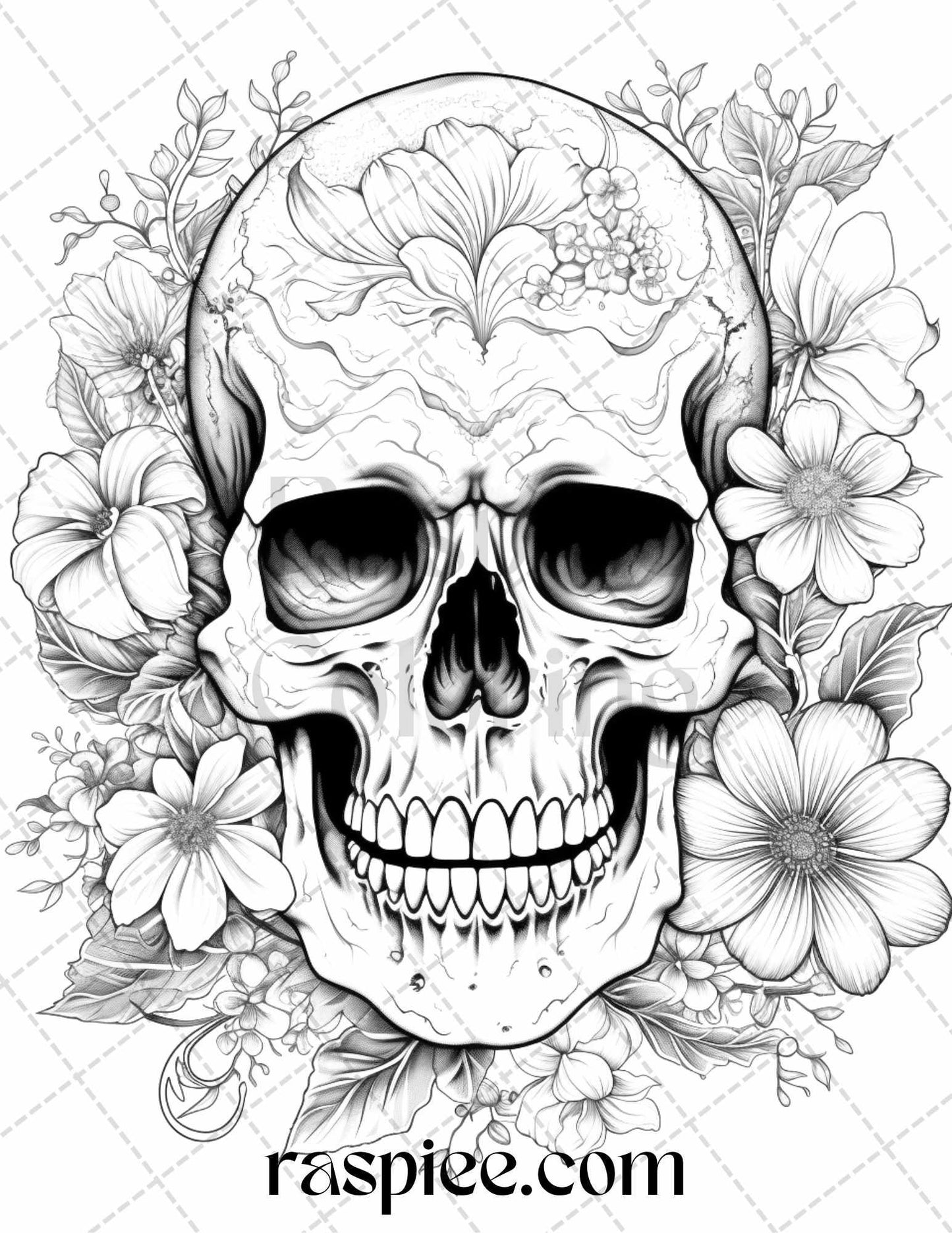 42 Floral Skull Grayscale Coloring Pages for Adults, Stress Relief Coloring Sheets, Printable PDF File Instant Download