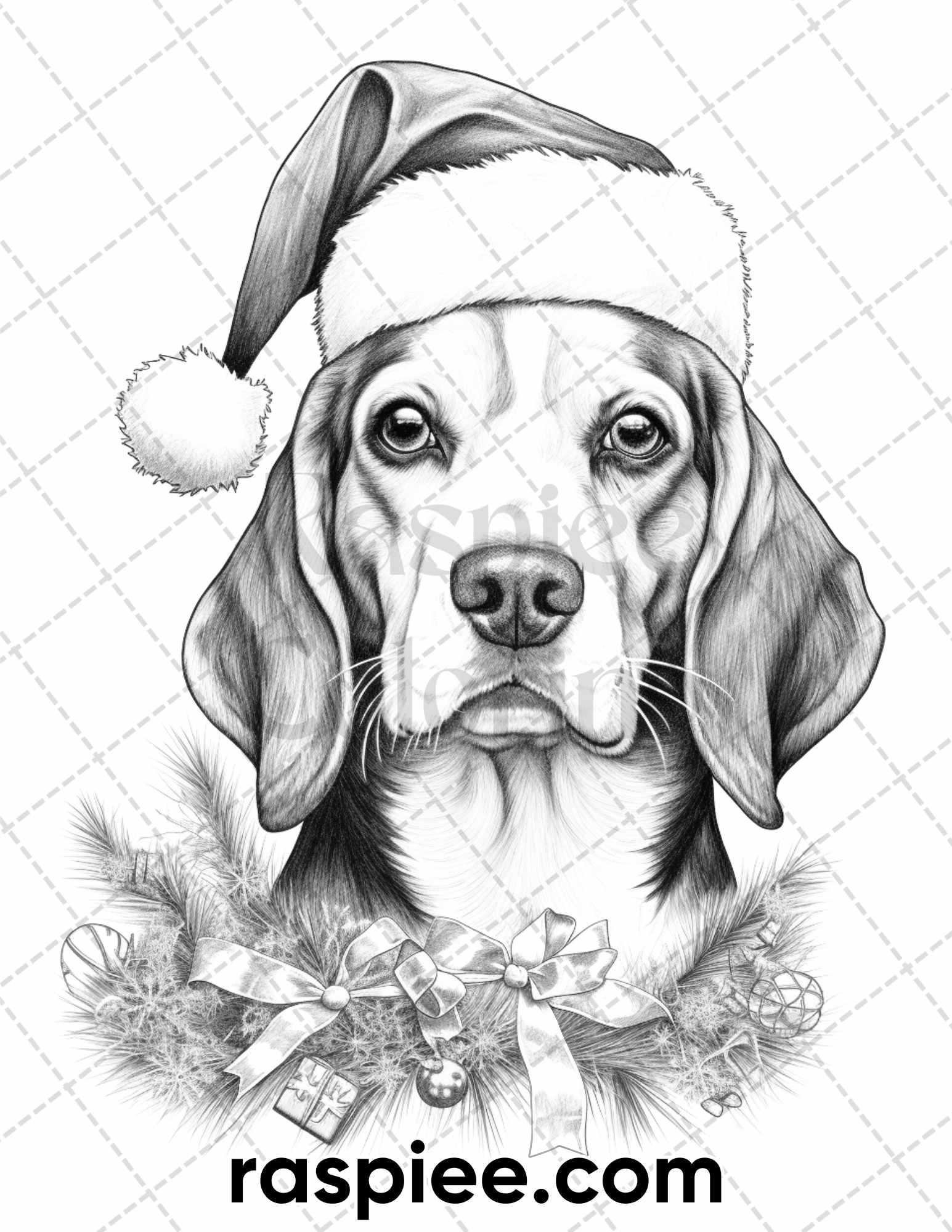 45 Christmas Dogs Grayscale Coloring Pages for Adults, Printable PDF Instant Download