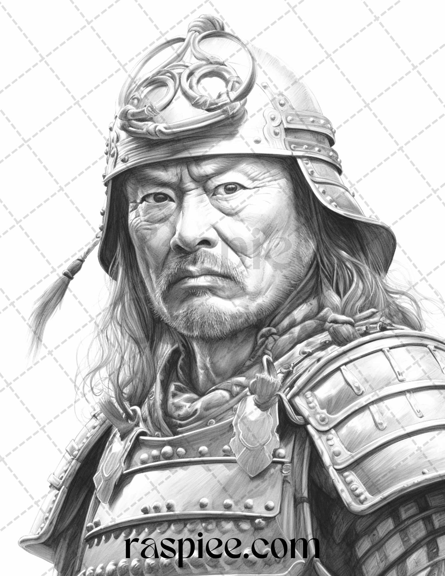 42 Japanese Samurai Grayscale Coloring Pages for Adults, Printable PDF File Instant Download