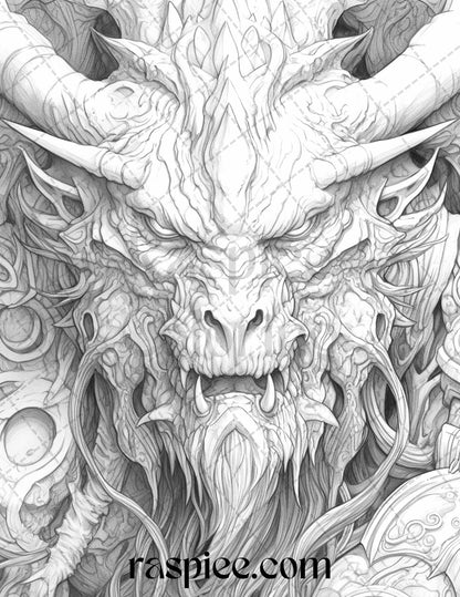 43 Fantasy Demons Grayscale Coloring Pages for Adults, Printable PDF File Instant Download