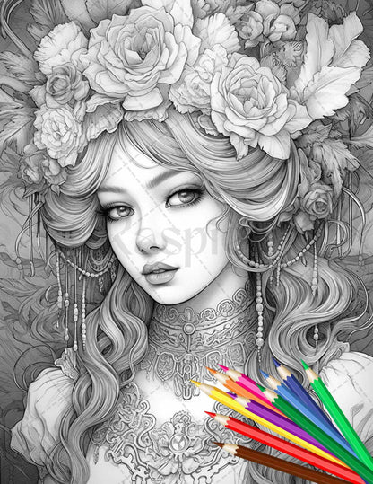 43 Beautiful Victorian Women Grayscale Coloring Pages Printable for Adults, PDF File Instant Download