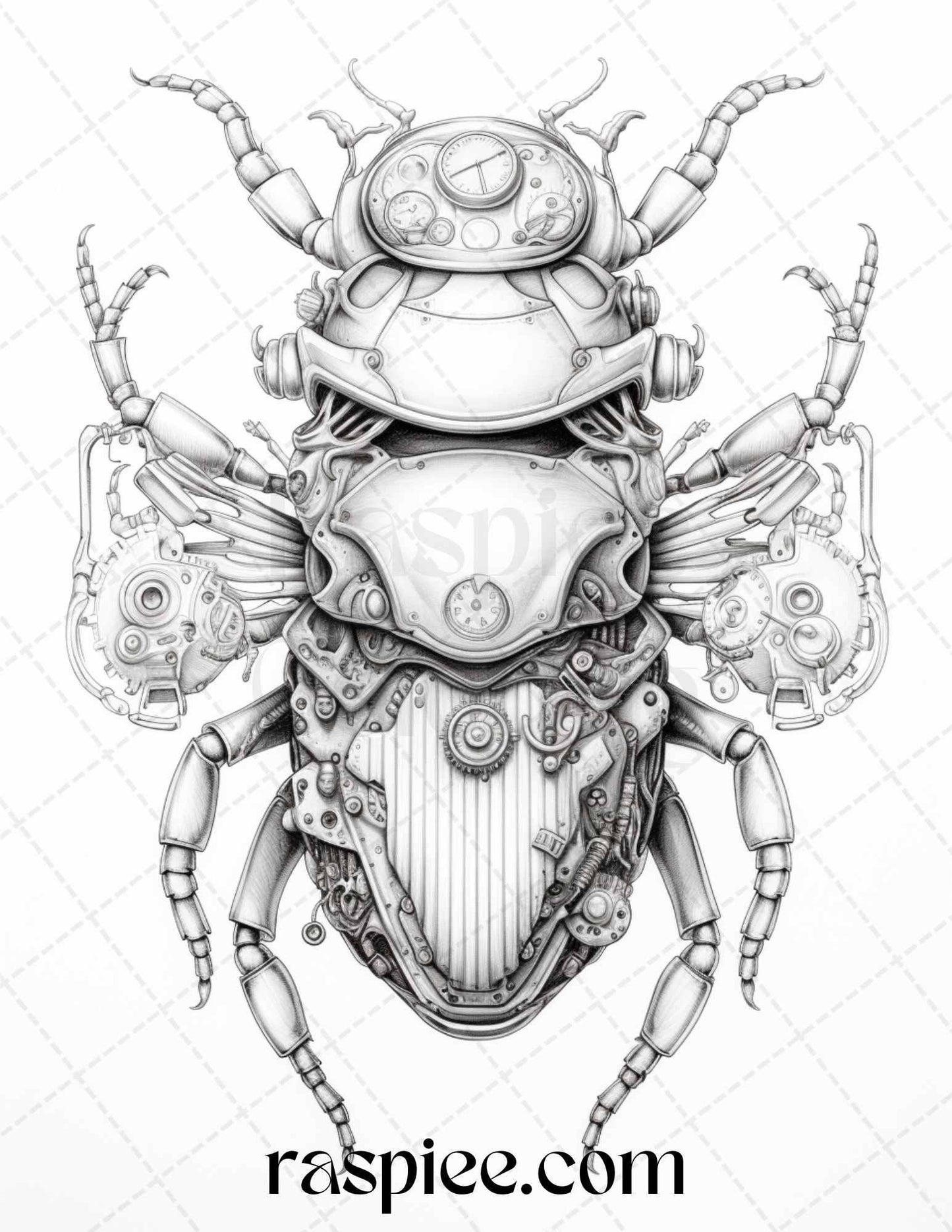 42 Steampunk Bugs Grayscale Coloring Pages Printable for Adults, PDF File Instant Download