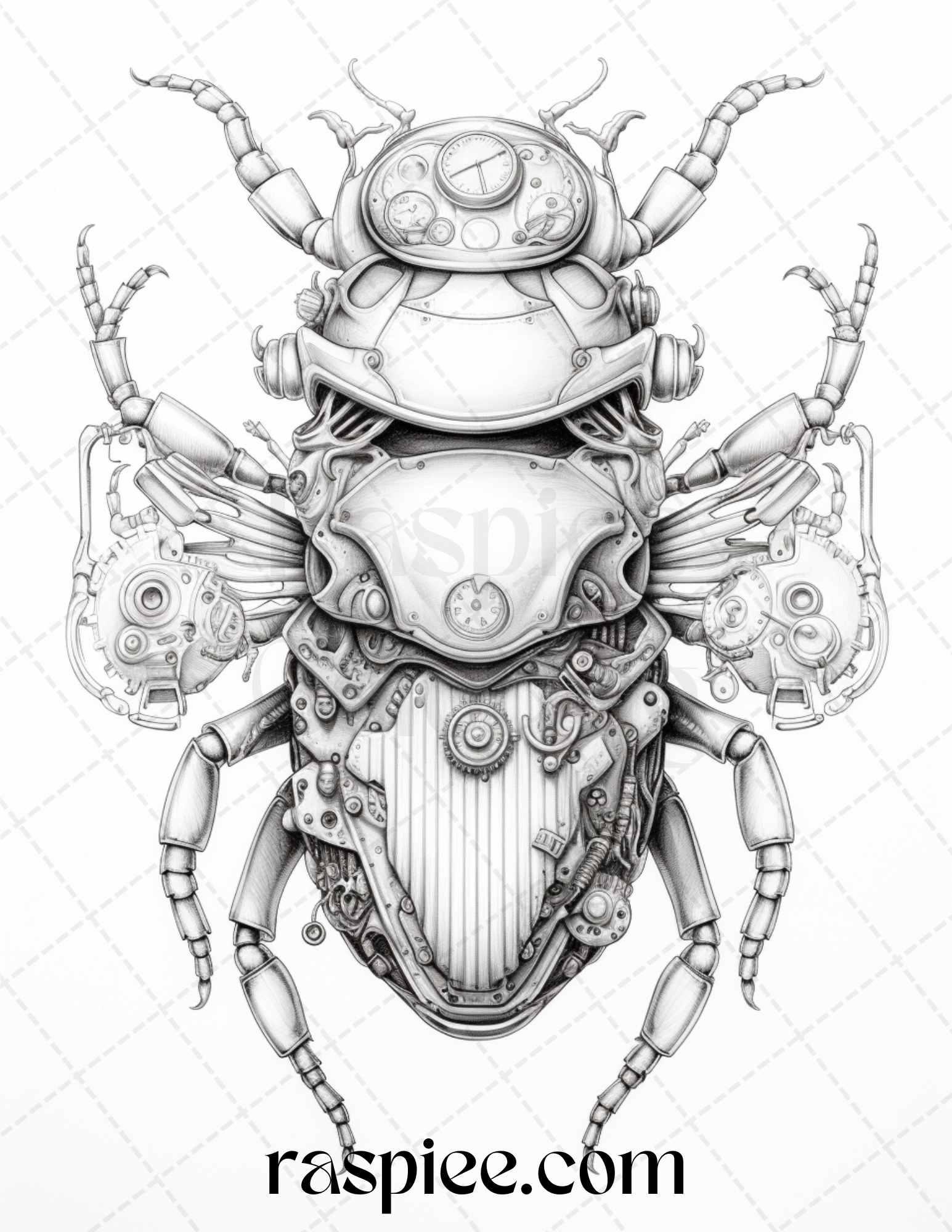 42 Steampunk Bugs Grayscale Coloring Pages Printable for Adults, PDF File Instant Download