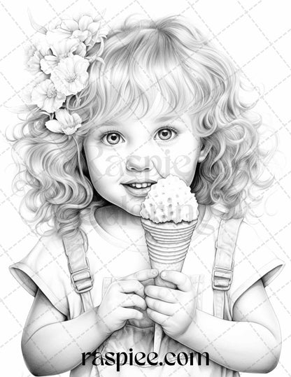 42 Adorable Girls with Ice Cream Grayscale Coloring Pages Printable for Adults Kids, PDF File Instant Download