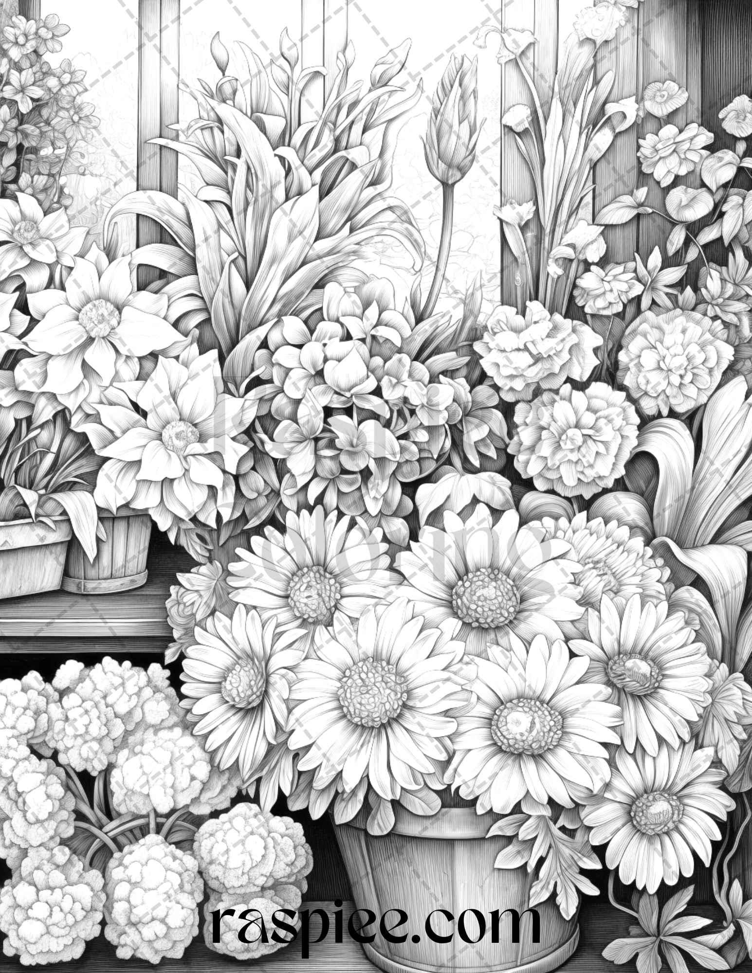 45 Flower Store Front Grayscale Coloring Pages Printable for Adults, PDF File Instant Download