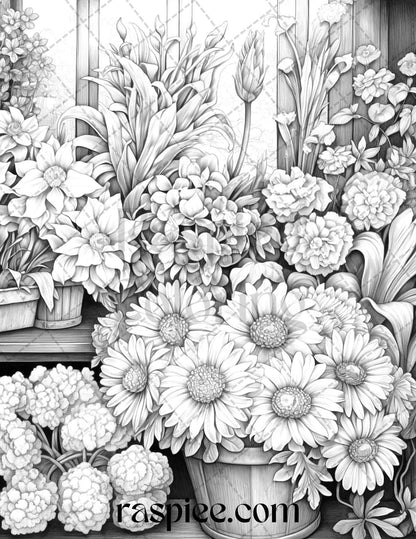 45 Flower Store Front Grayscale Coloring Pages Printable for Adults, PDF File Instant Download