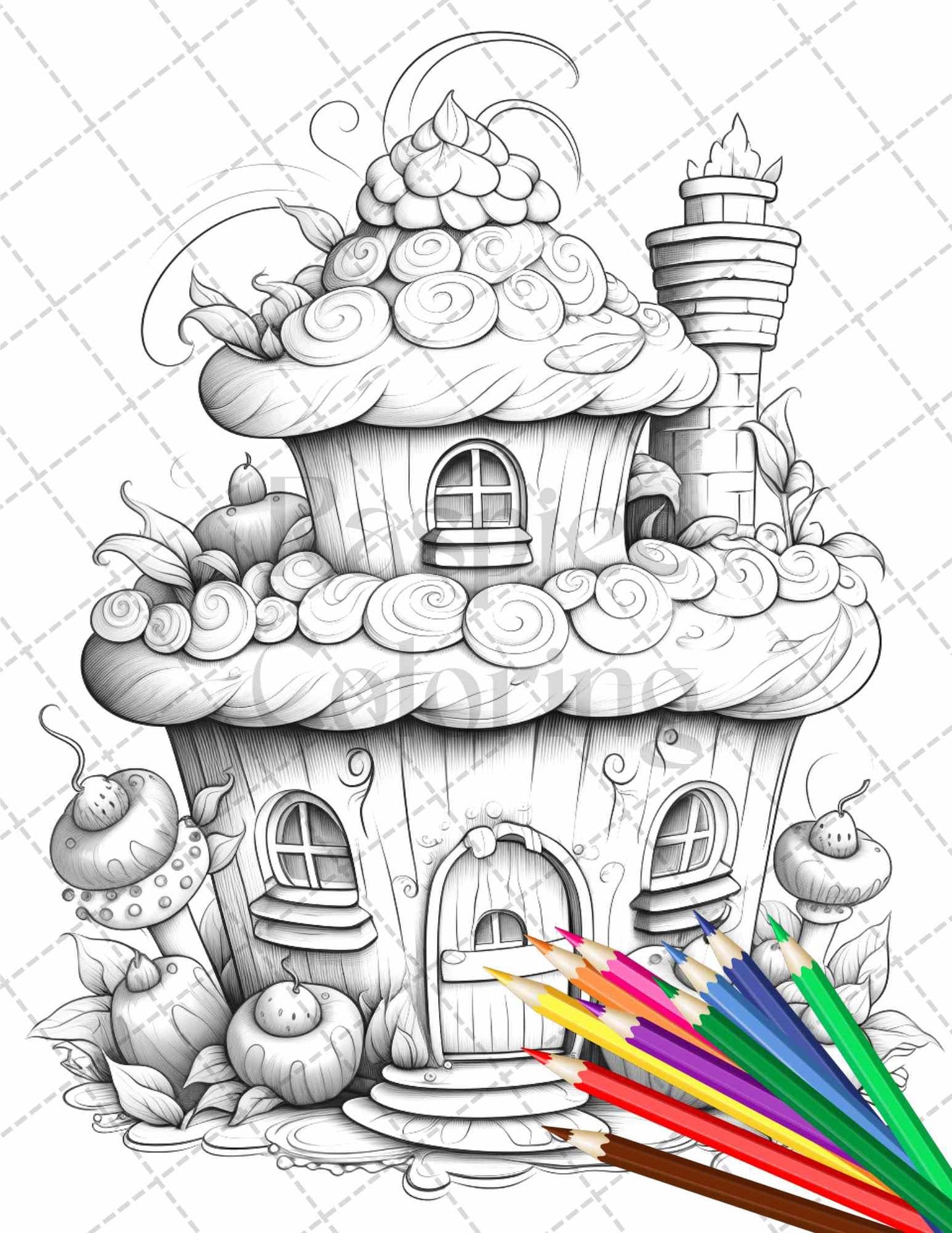 50 Adorable Cake Houses Grayscale Coloring Pages Printable for Adults and Kids, PDF File Instant Download