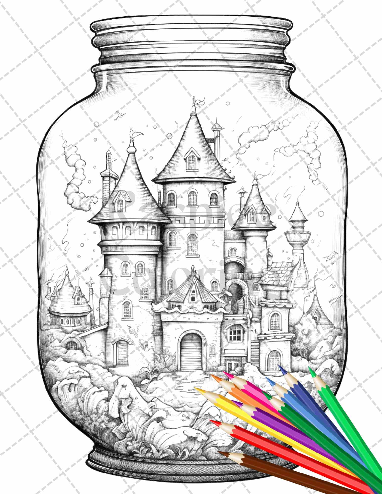 42 Fantasy Castle In Jar Grayscale Coloring Pages Printable for Adults, PDF File Instant Download