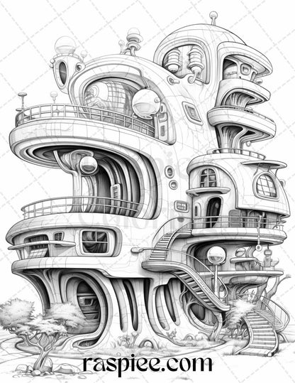 43 Futuristic Houses Grayscale Coloring Pages Printable for Adults, PDF File Instant Download