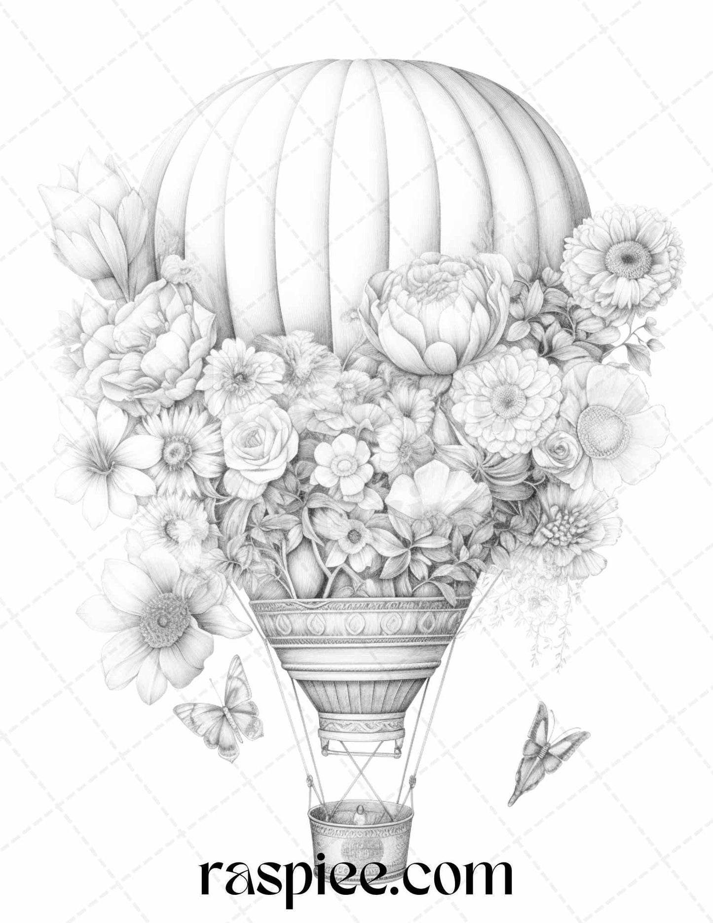 42 Flower Hot Air Balloons Grayscale Coloring Pages Printable for Adults, PDF File Instant Download