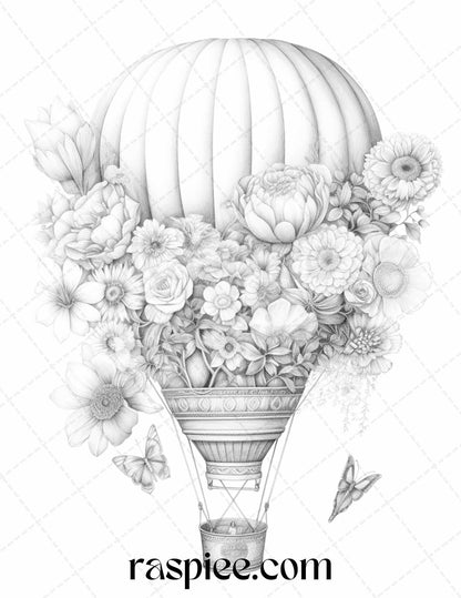 42 Flower Hot Air Balloons Grayscale Coloring Pages Printable for Adults, PDF File Instant Download