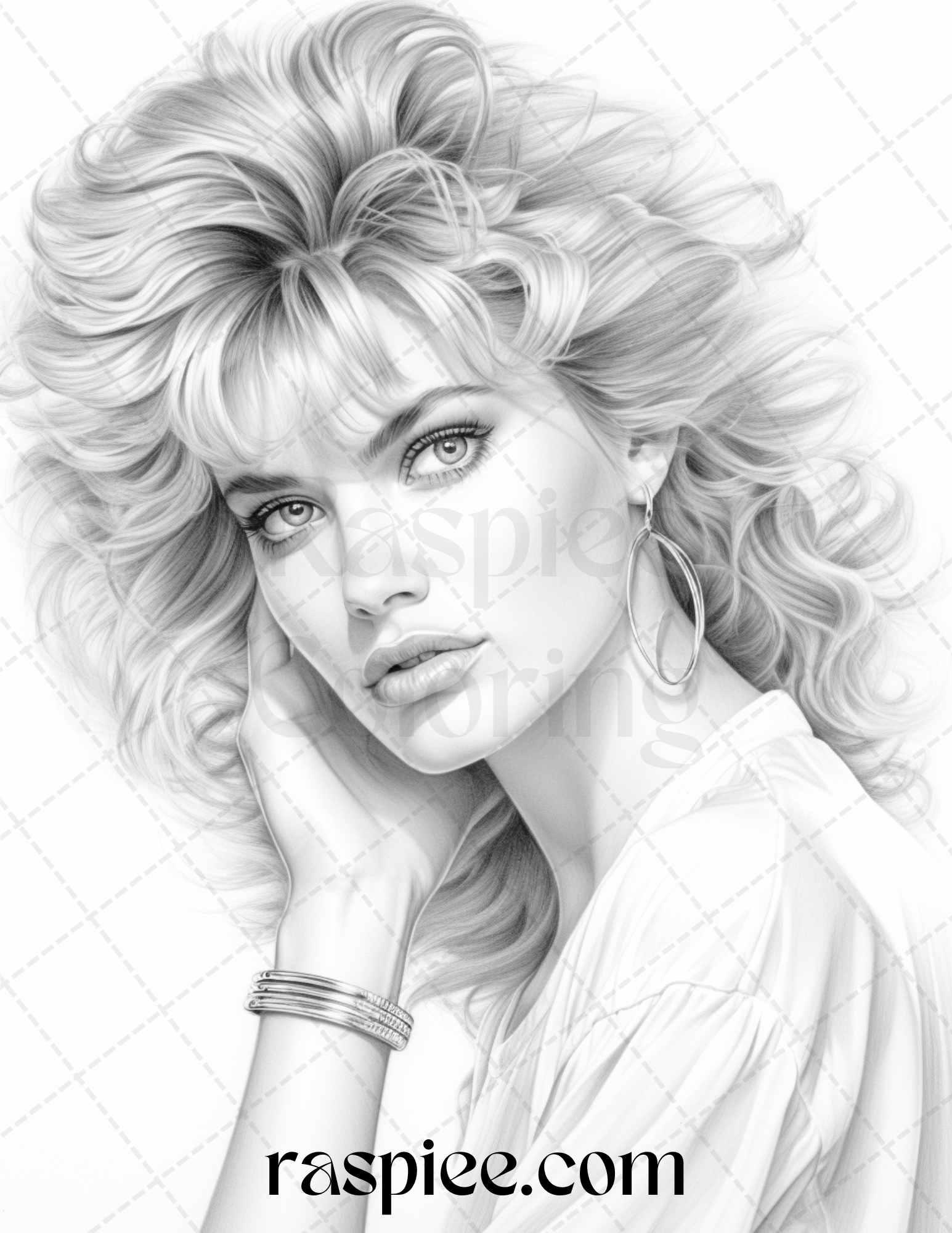 1980s Retro Beautiful Women Grayscale Coloring Pages for Adults, PDF File Instant Download