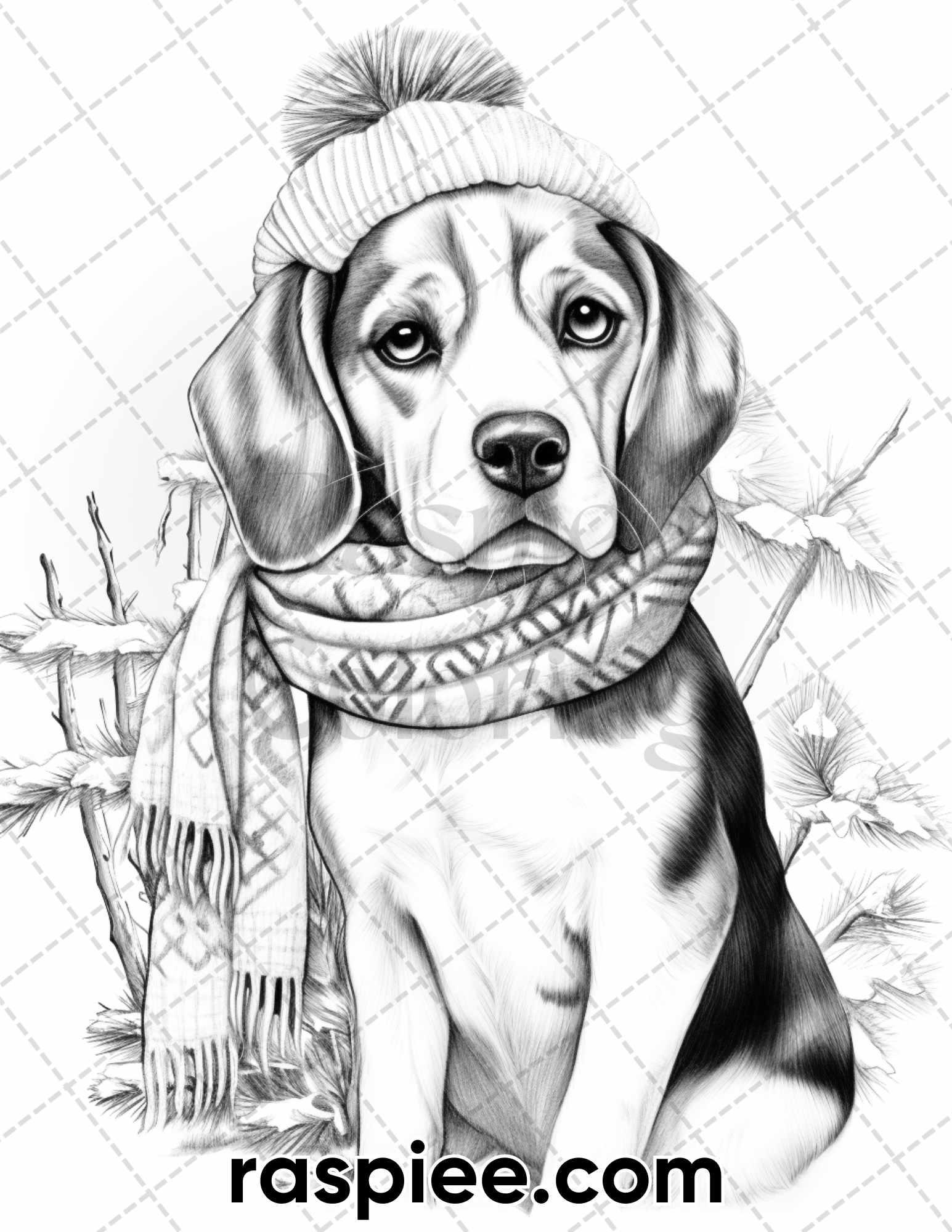 45 Christmas Dogs Grayscale Coloring Pages for Adults, Printable PDF Instant Download