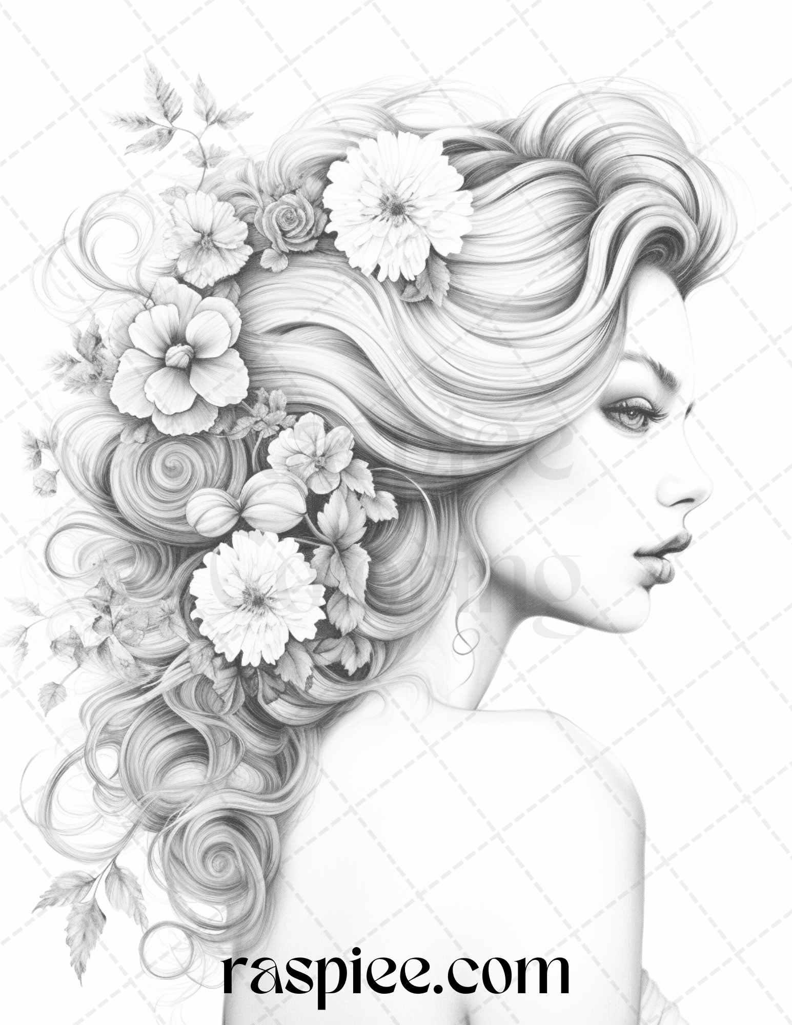 43 Beautiful Hairstyles Grayscale Coloring Pages Printable for Adults, PDF File Instant Download