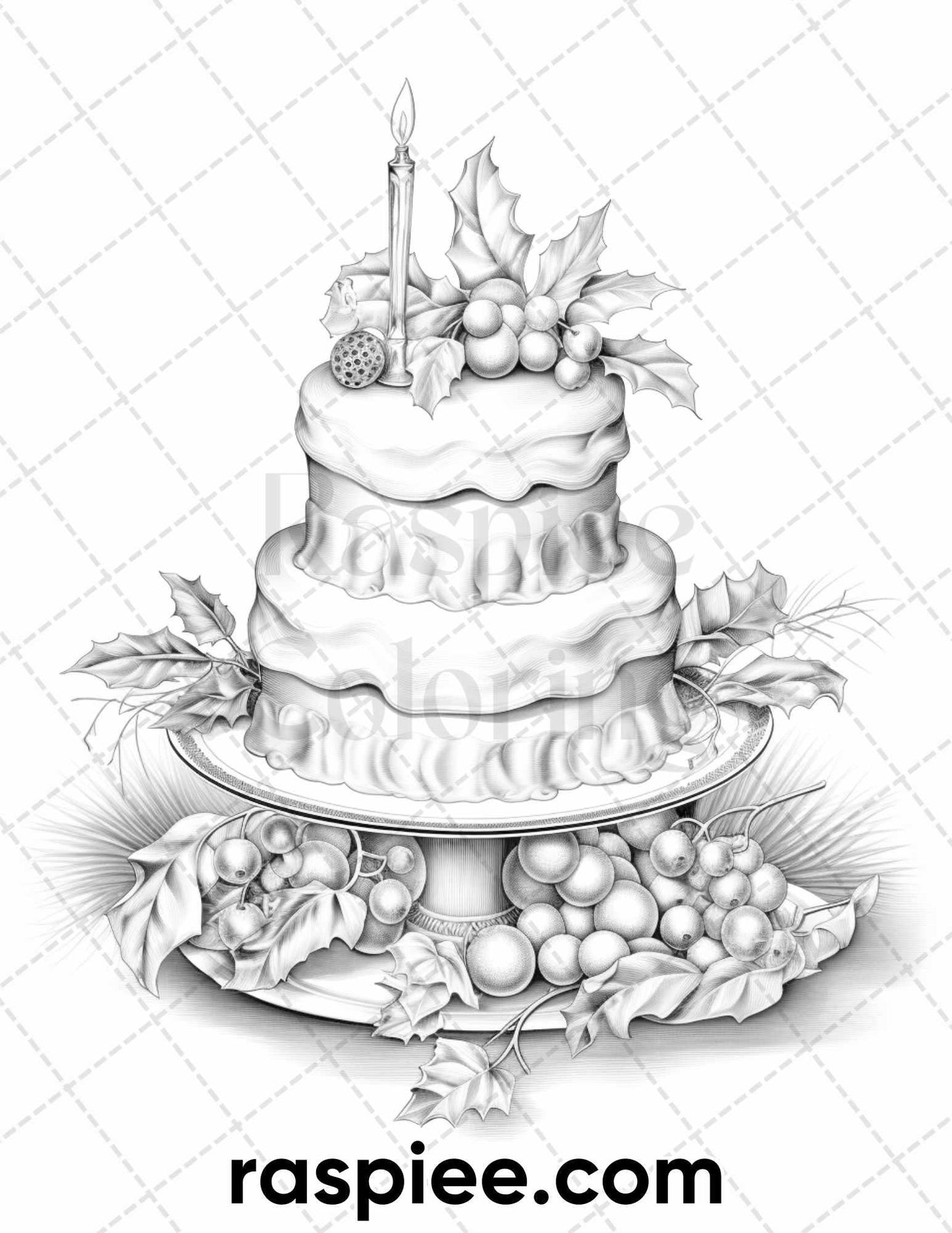 45 Christmas Cakes Grayscale Coloring Pages for Adults, Printable PDF File Instant Download