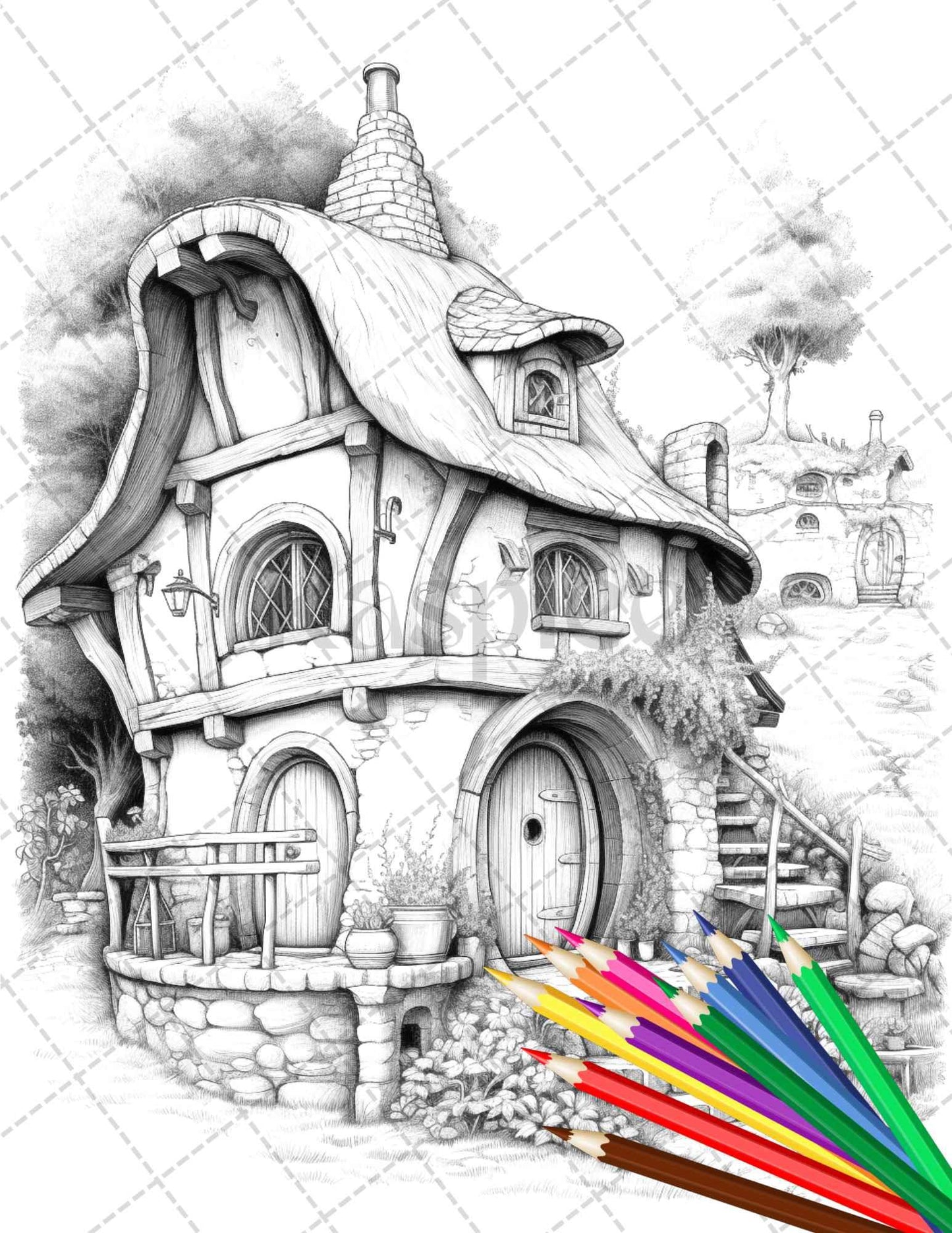 43 Enchanted Hobbiton Houses Grayscale Coloring Pages Printable for Adults, PDF File Instant Download