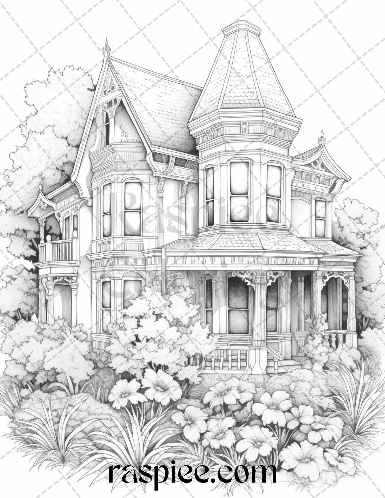 40 Victorian Houses Grayscale Coloring Pages Printable for Adults, PDF File Instant Download