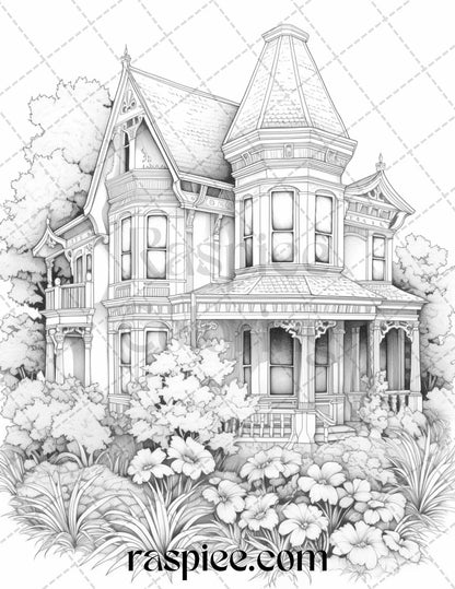 40 Victorian Houses Grayscale Coloring Pages Printable for Adults, PDF File Instant Download