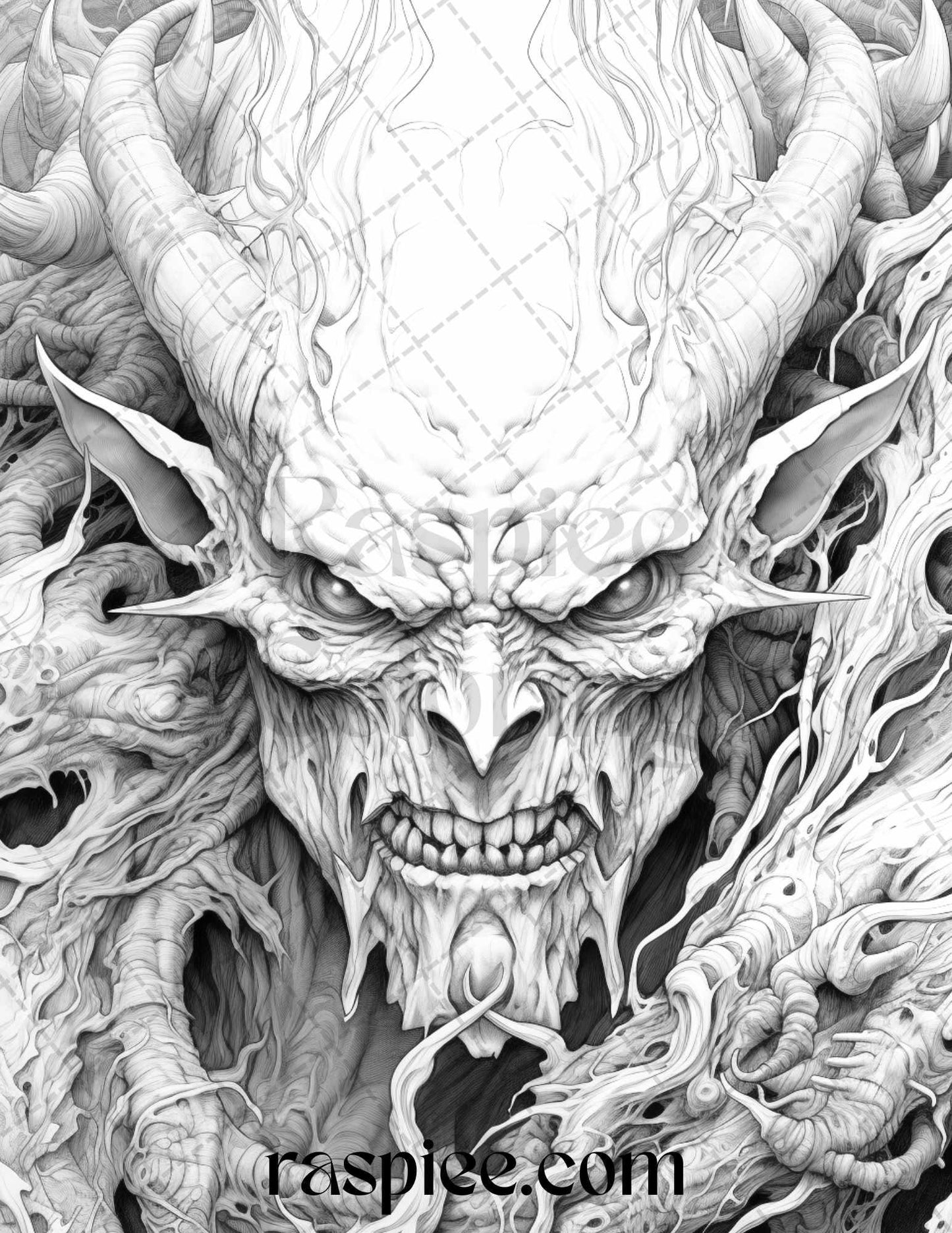 43 Fantasy Demons Grayscale Coloring Pages for Adults, Printable PDF File Instant Download