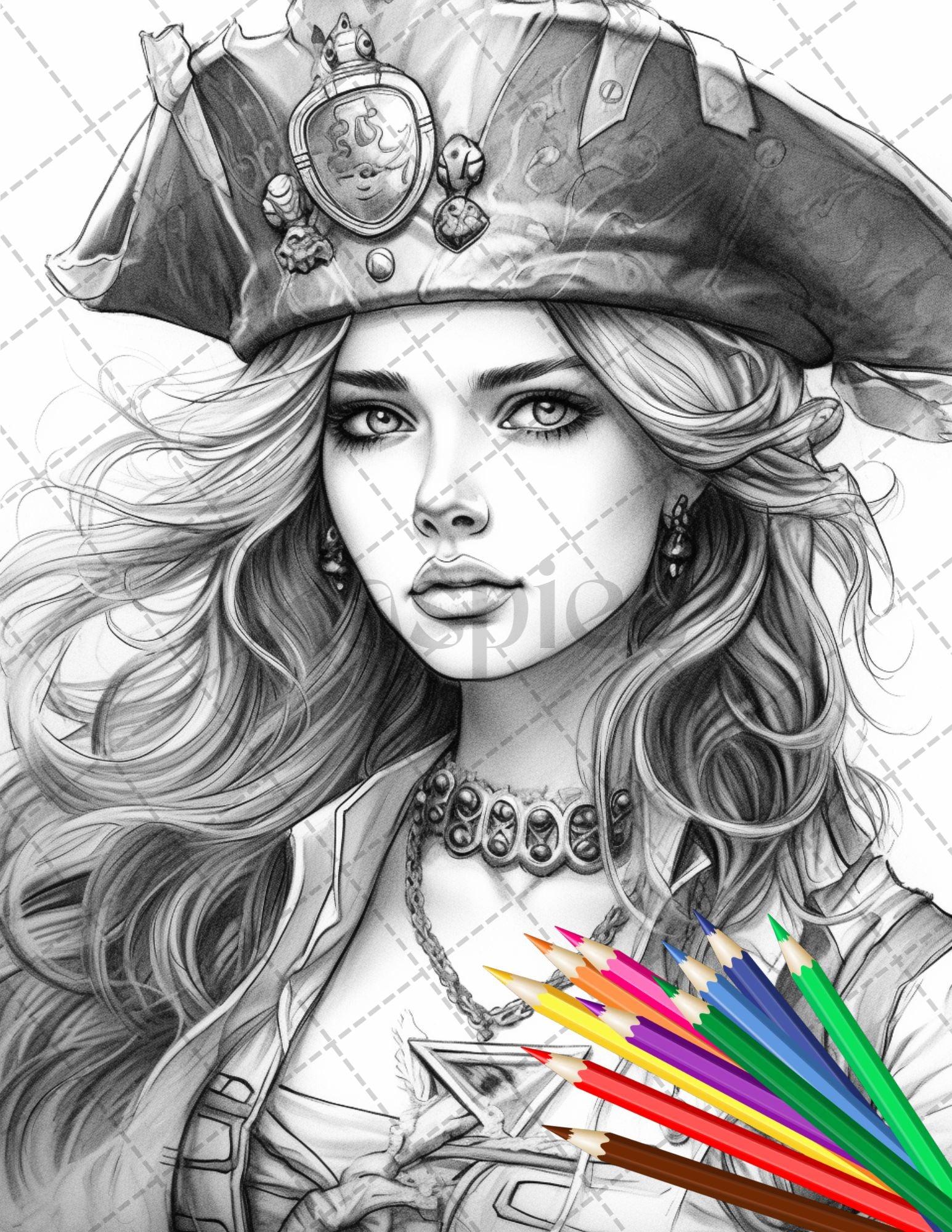 48 Beautiful Pirate Princess Coloring Book Printable for Adults, Grayscale Coloring Page, PDF File Instant Download