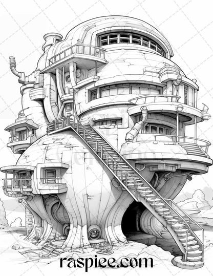 43 Futuristic Houses Grayscale Coloring Pages Printable for Adults, PDF File Instant Download