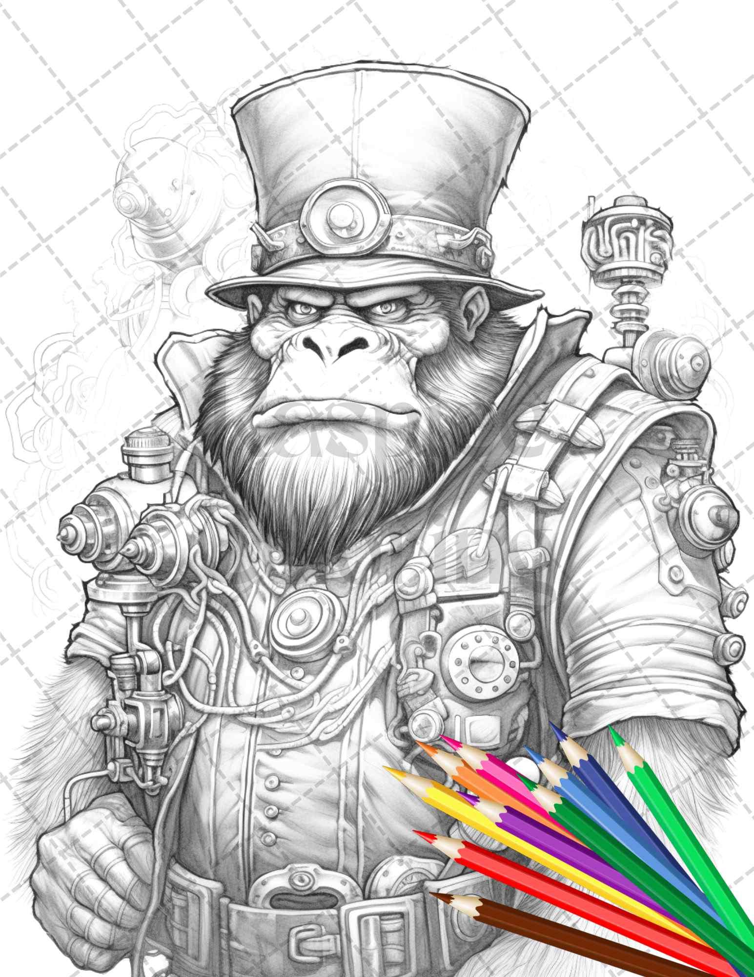 45 Steampunk Animals Grayscale Coloring Pages Printable for Adults Vol. 2, PDF File Instant Download