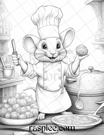 45 Mouse Chef Grayscale Coloring Pages Printable for Adults, PDF File Instant Download