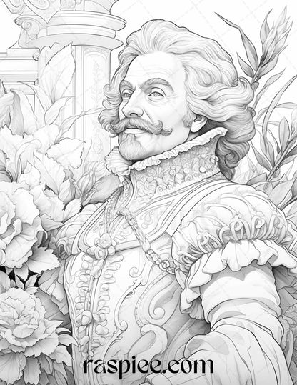 50 Baroque Man Portrait Grayscale Graysale Coloring Pages Printable for Adults, PDF File Instant Download