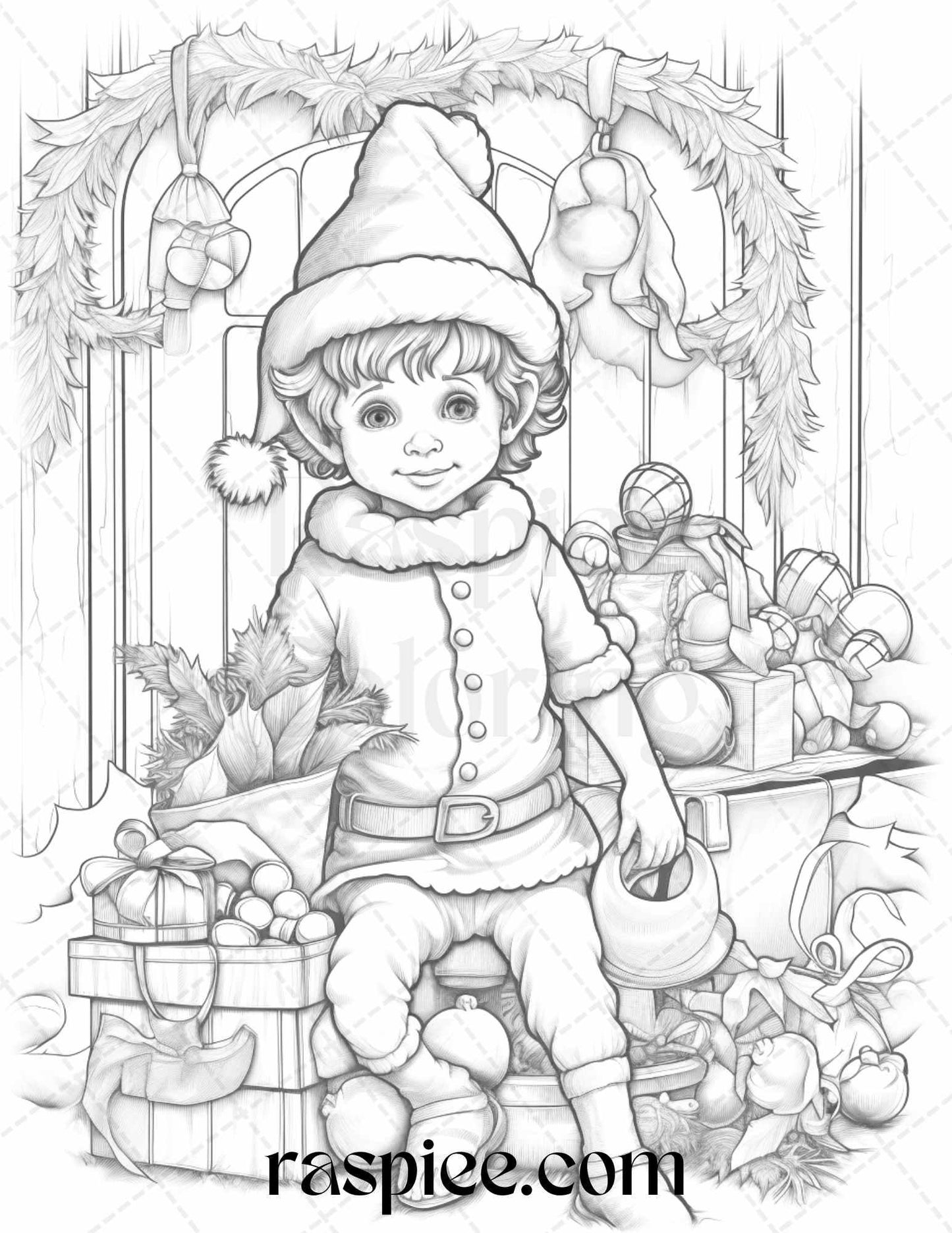 110 Christmas Elves Grayscale Coloring Pages Printable for Adults Kids, PDF File Instant Download