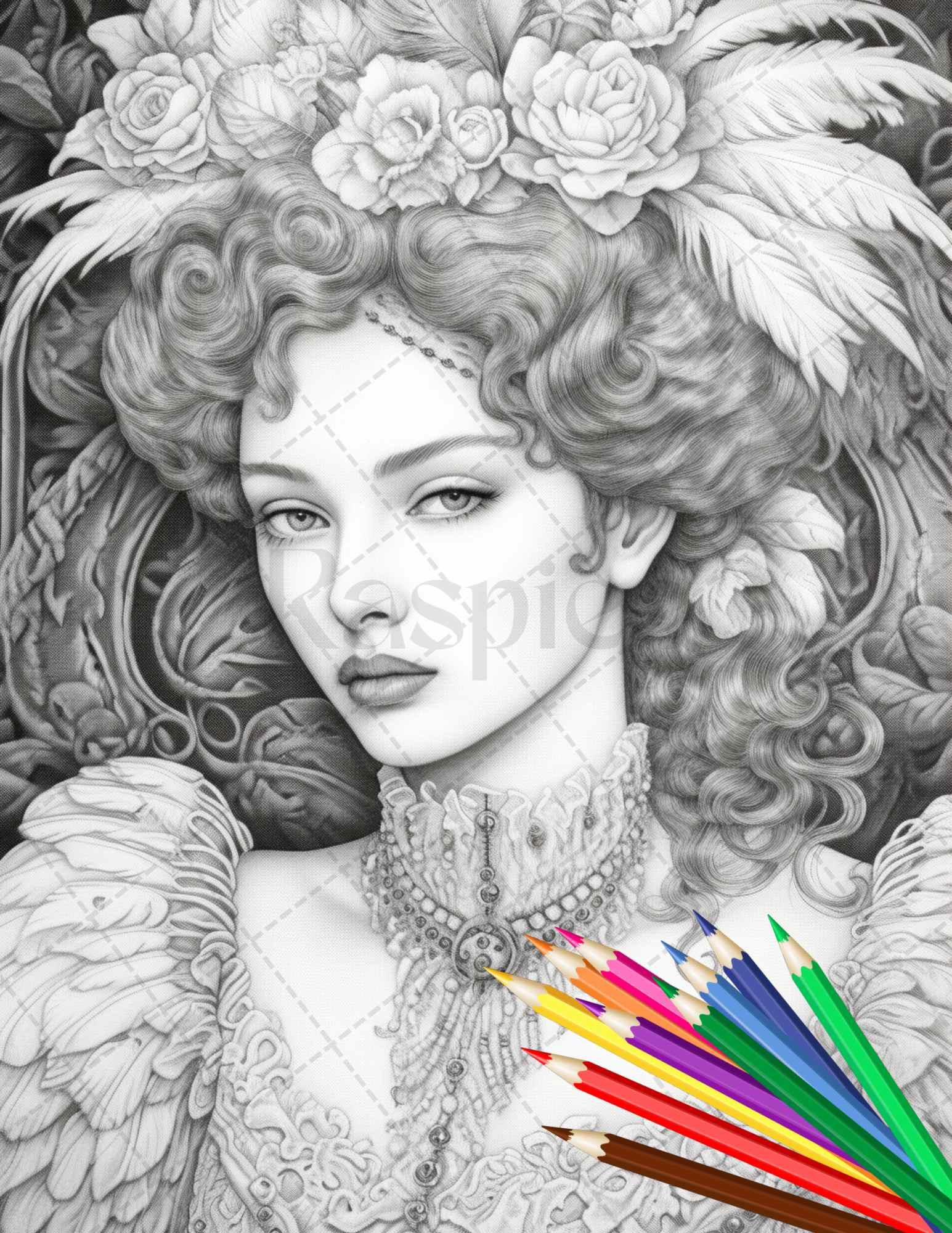 43 Beautiful Victorian Women Grayscale Coloring Pages Printable for Adults, PDF File Instant Download