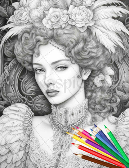 43 Beautiful Victorian Women Grayscale Coloring Pages Printable for Adults, PDF File Instant Download