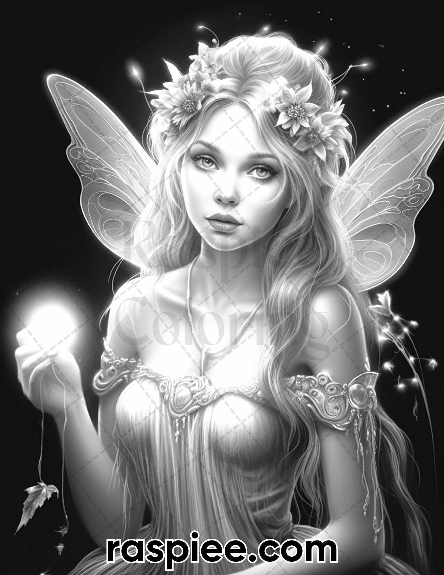 50 Starlight Fairy Grayscale Coloring Pages for Adults, Printable PDF File Instant Download