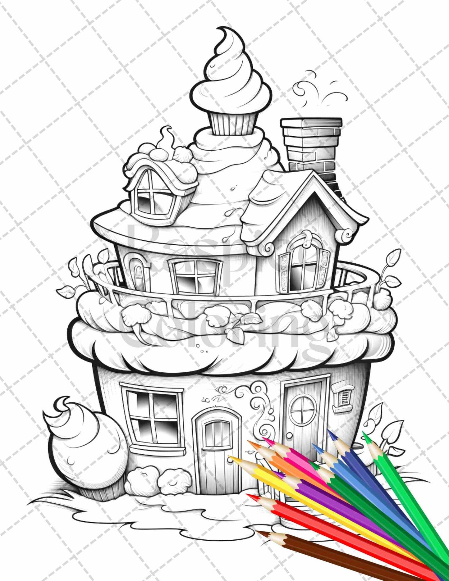 50 Adorable Cake Houses Grayscale Coloring Pages Printable for Adults and Kids, PDF File Instant Download