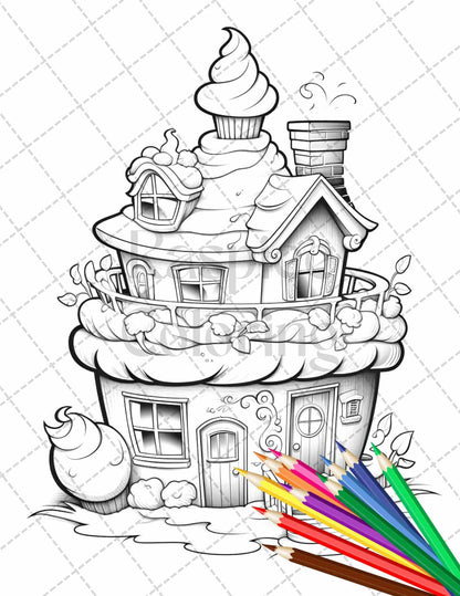 50 Adorable Cake Houses Grayscale Coloring Pages Printable for Adults and Kids, PDF File Instant Download