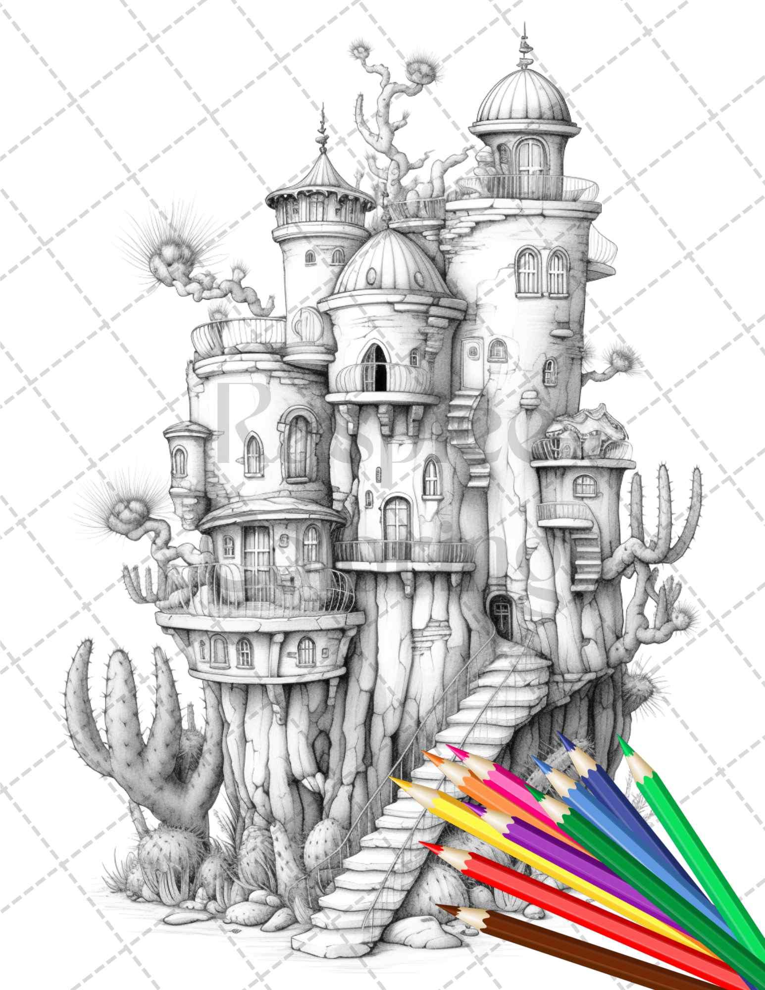 46 Fantasy Cactus Houses Grayscale Coloring Pages Printable for Adults, PDF File Instant Download