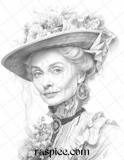 50 Victorian Grandma Grayscale Coloring Pages Printable for Adults, PDF File Instant Download